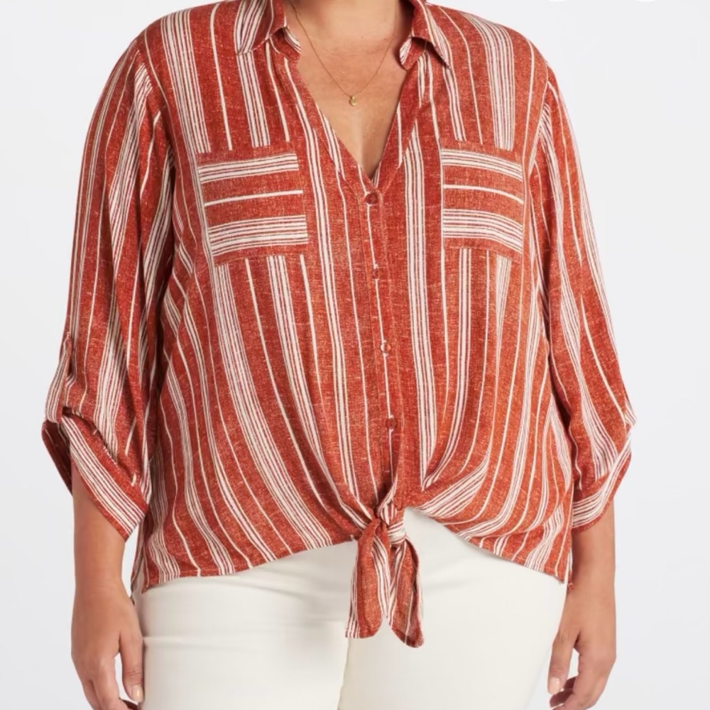 Fortune + Ivy Rust and White Blake Tie-Front Blouse
